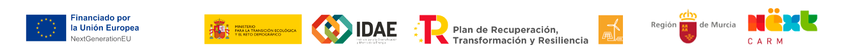 Logos de subvención NextGenerationEU, IDAE, Gobierno de España, Región de Murcia y Plan de Recuperación